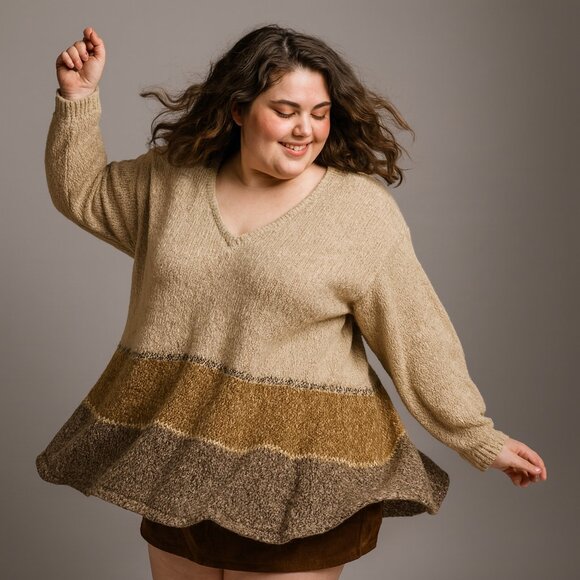 Liz & Me Sweaters - Liz & Me Women’s 3X V-Neck Sweater Beige Brown Gray Oversized Cozy Cottagecore